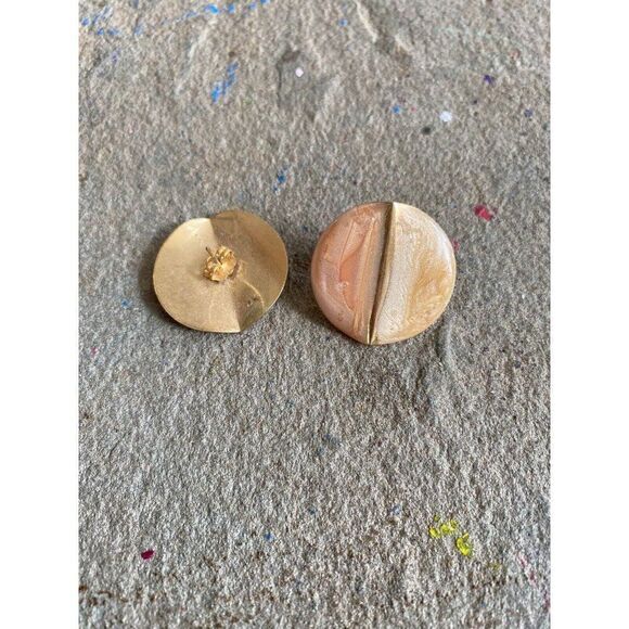 Vintage Stud Earrings Studs Metallic Peach Cream Gold Circular 1 Inch - Picture 2 of 6